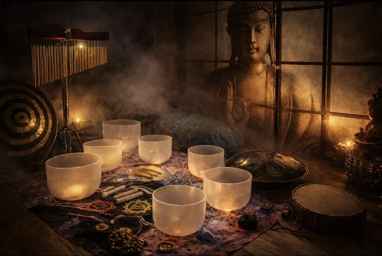 Crystal singing bowls arranged by candlelight before a Buddha screen, with handpan and frame drum