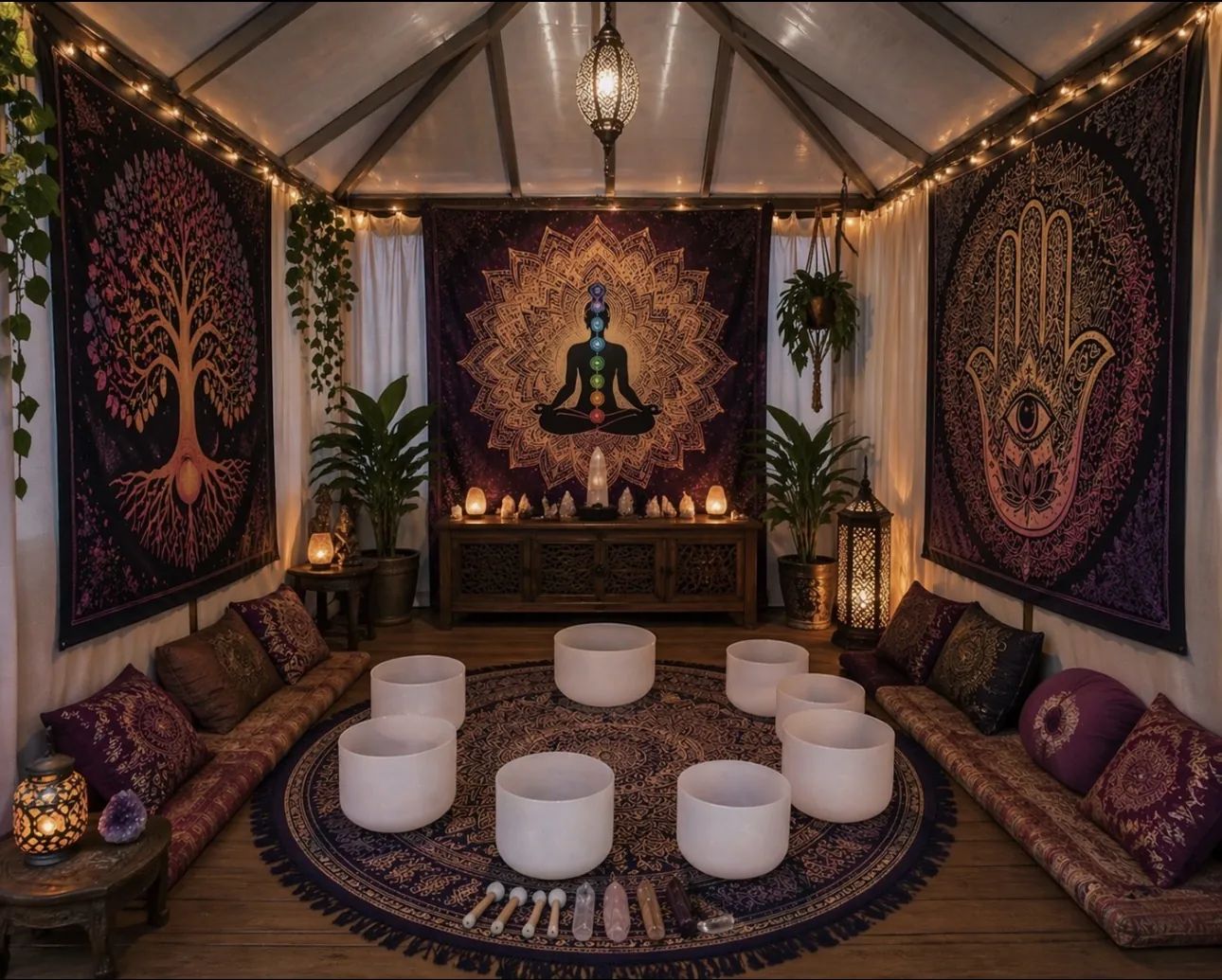 Crystal bowls circled on a mandala rug, surrounded by chakra tapestries and lanterns