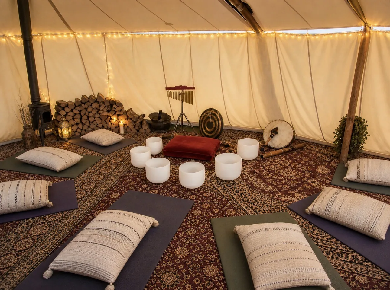 Mats and cushions arranged in a circle around crystal bowls inside a candlelit tent